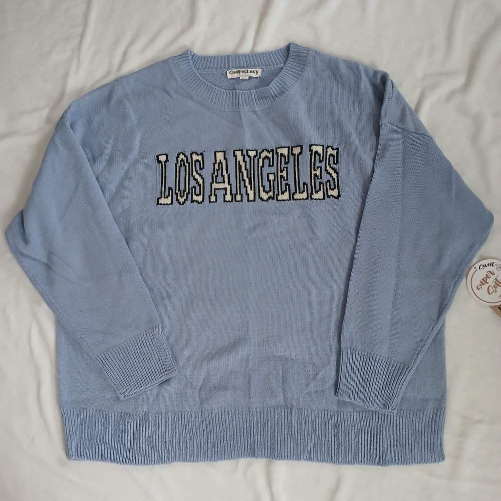 Los Angeles Womens Knit SweaterLight Blue Round Neck Ribbed Trim Size 2X